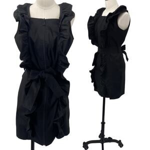 Samuel Dong Mini Dress Front Zipper Moldable Ruffled Belted Taffeta Black Small